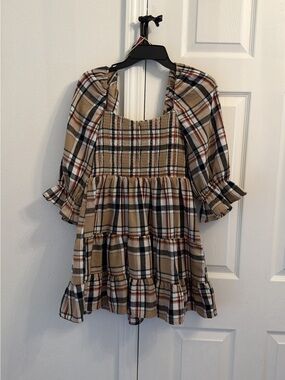 Francesca's Collections Tan Plaid Smocked Tiered Mini Dress